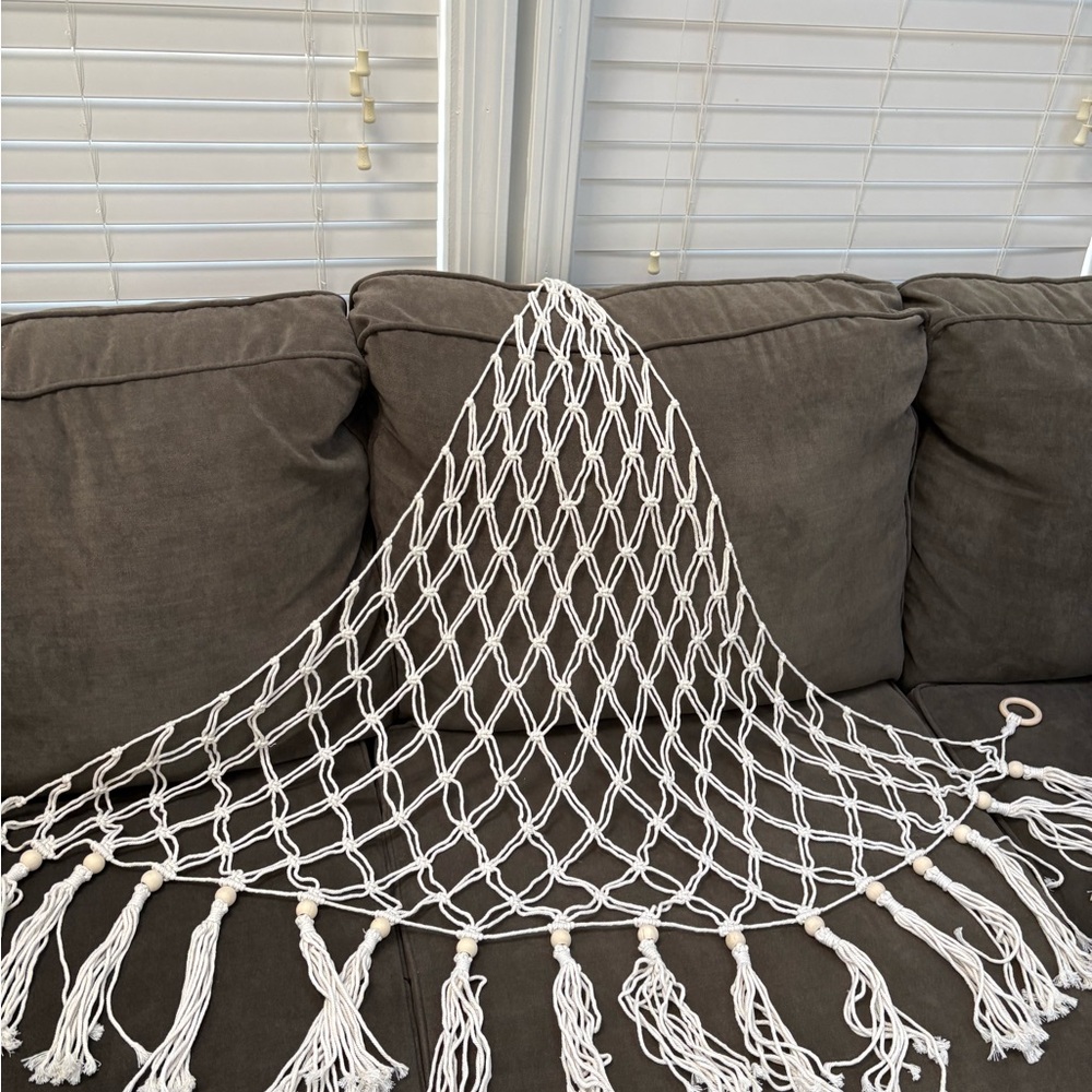 Boho Macramé Wall Tapestry with Beaded Fringe, White